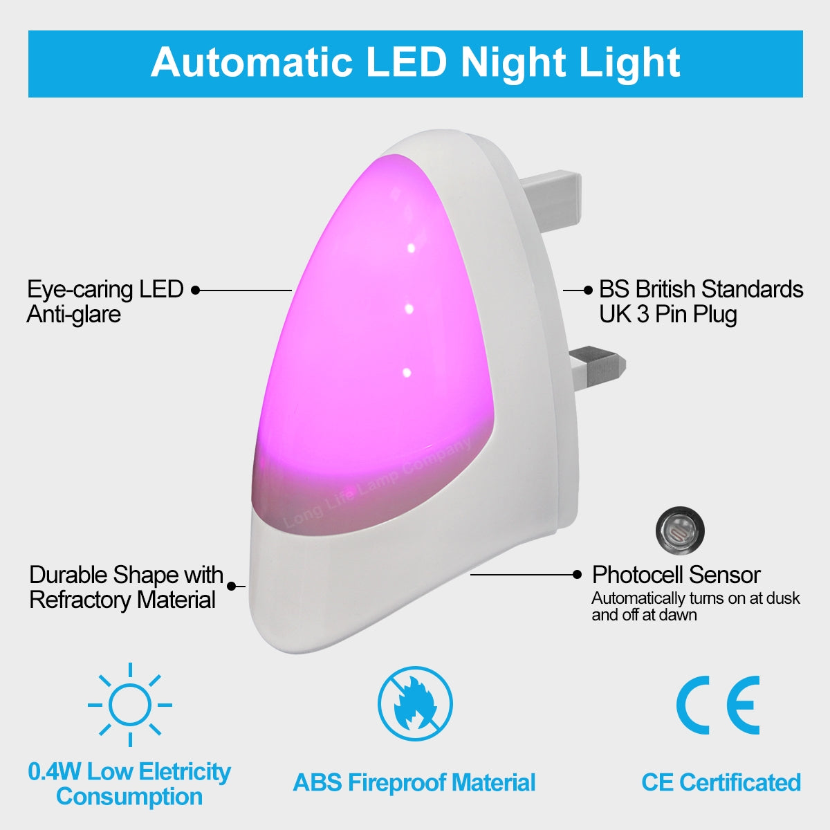 Automatic Pink LED Night Light Plug In Energy Saving Dusk 2 Dawn - Free delivery on all orders