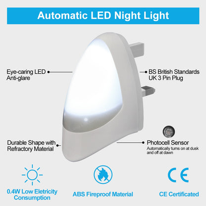 Automatic White LED Night Light Plug In Energy Saving Dusk 2 Dawn - Free delivery on all orders