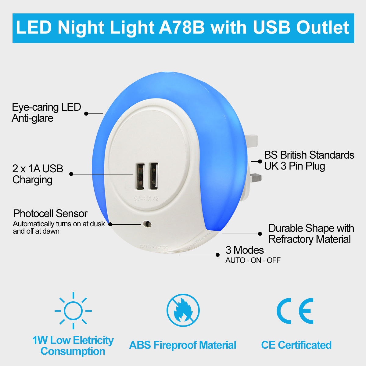 1w Blue LED Night Light 2 USB Ports Automatic Sensor Dusk To Dawn A78B - Free delivery on all orders