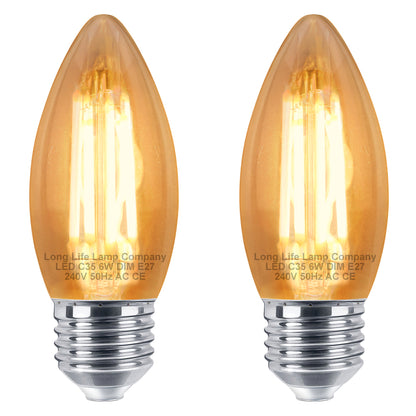 6w Dimmable LED Candle E27 Filament Light Bulb Edison Screw Amber Glass