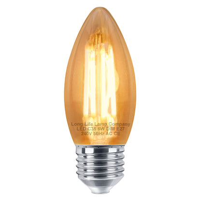 6w Dimmable LED Candle E27 Filament Light Bulb Edison Screw Amber Glass