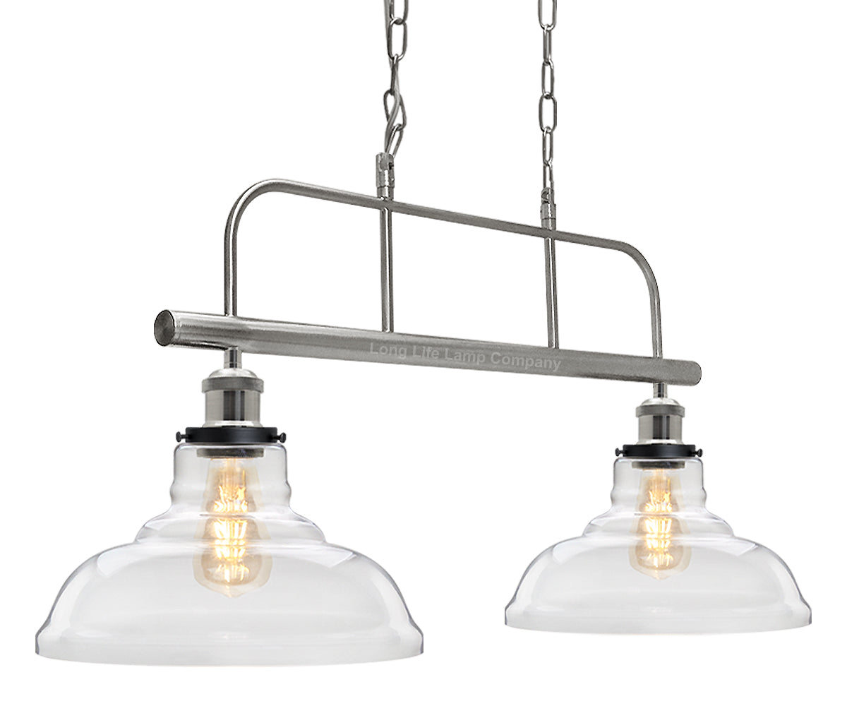 Industrial Ceiling Brush Chrome Bar 2 Clear Glass Lamp Shade Pendant Light