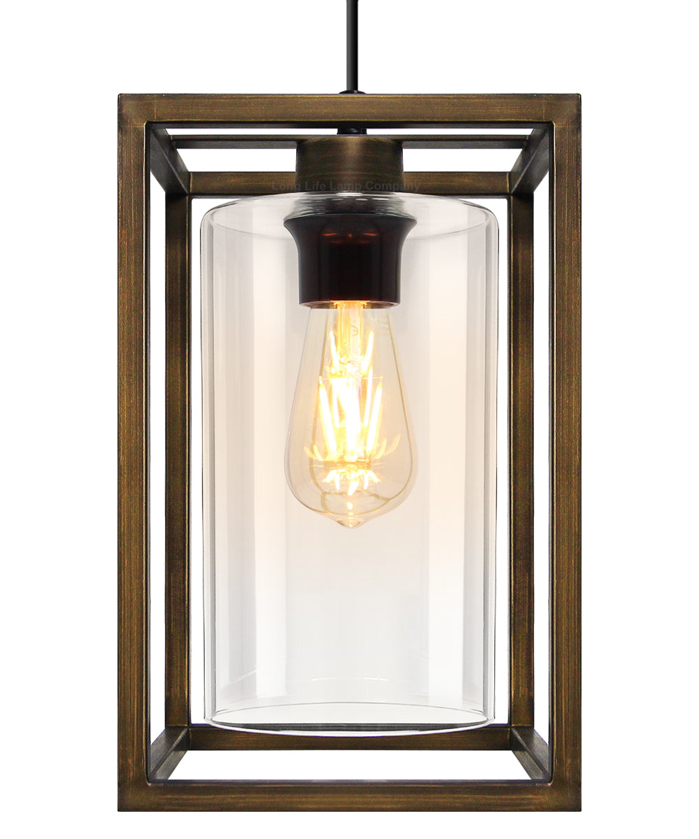 E27 Antique Brass Box Lantern Pendant Light 60W Clear Glass