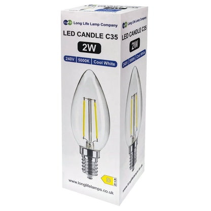 2W LED Candle Light Bulb Cool White 5000K E14 Clear Glass 4 or 6 or 10 Pack - Energy Light Bulbs - Free delivery on all orders