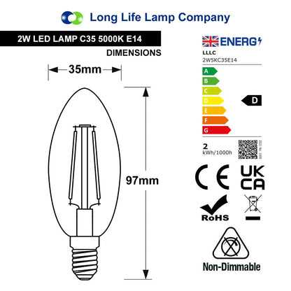 2W LED Candle Light Bulb Cool White 5000K E14 Clear Glass 4 or 6 or 10 Pack - Energy Light Bulbs - Free delivery on all orders