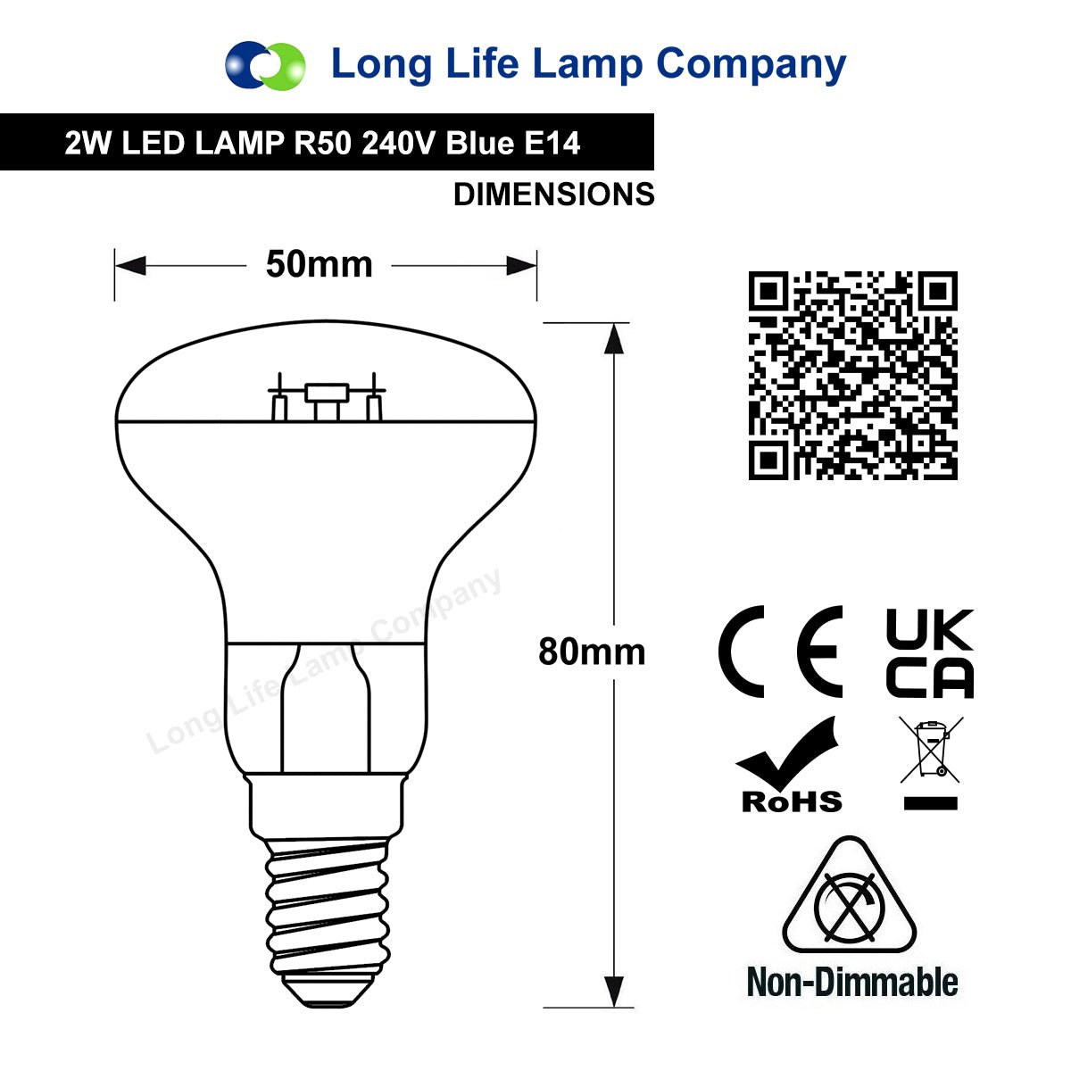 2W LED R50 Blue Reflector Bulb E14 Spotlight - Free delivery on all orders