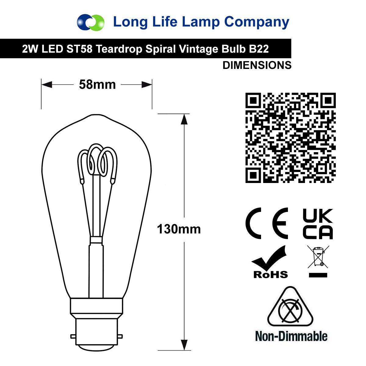 2w LED Vintage Filament Bulb Teardrop Spiral Smoke Gold Glass B22 Bayonet ST58 - Energy Light Bulbs - Free delivery on all orders