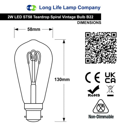 2w LED Vintage Filament Bulb Teardrop Spiral Smoke Gold Glass B22 Bayonet ST58 - Energy Light Bulbs - Free delivery on all orders