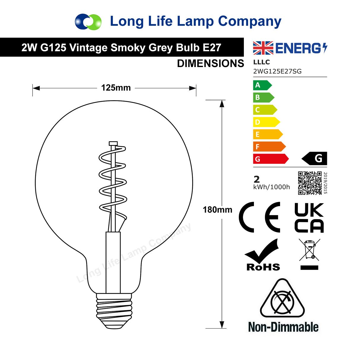 2w Vintage LED G125 Bulb E27 Spiral Filament Smoke Grey - Free delivery on all orders