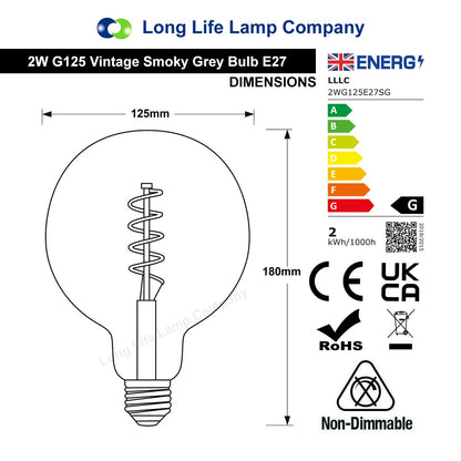 2w Vintage LED G125 Bulb E27 Spiral Filament Smoke Grey - Free delivery on all orders