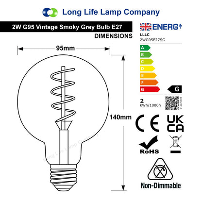 2w Vintage LED G95 Bulb E27 Spiral Filament Smoke Grey - Free delivery on all orders