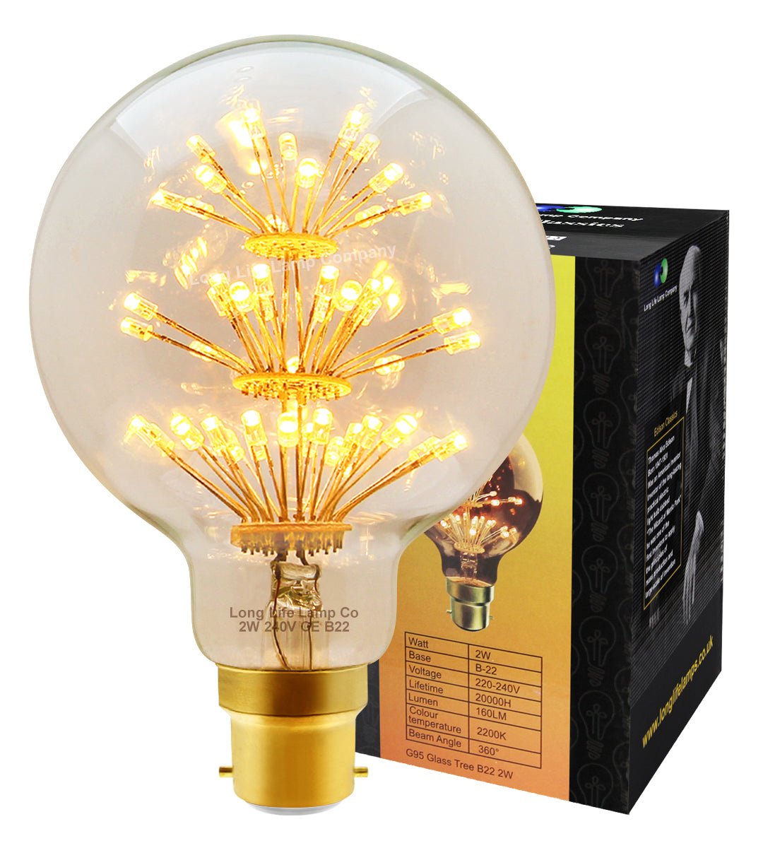 2w Vintage LED Globe Light Bulb B22 Clear Glass Tree Filament G95 - Energy Light Bulbs - Free delivery on all orders