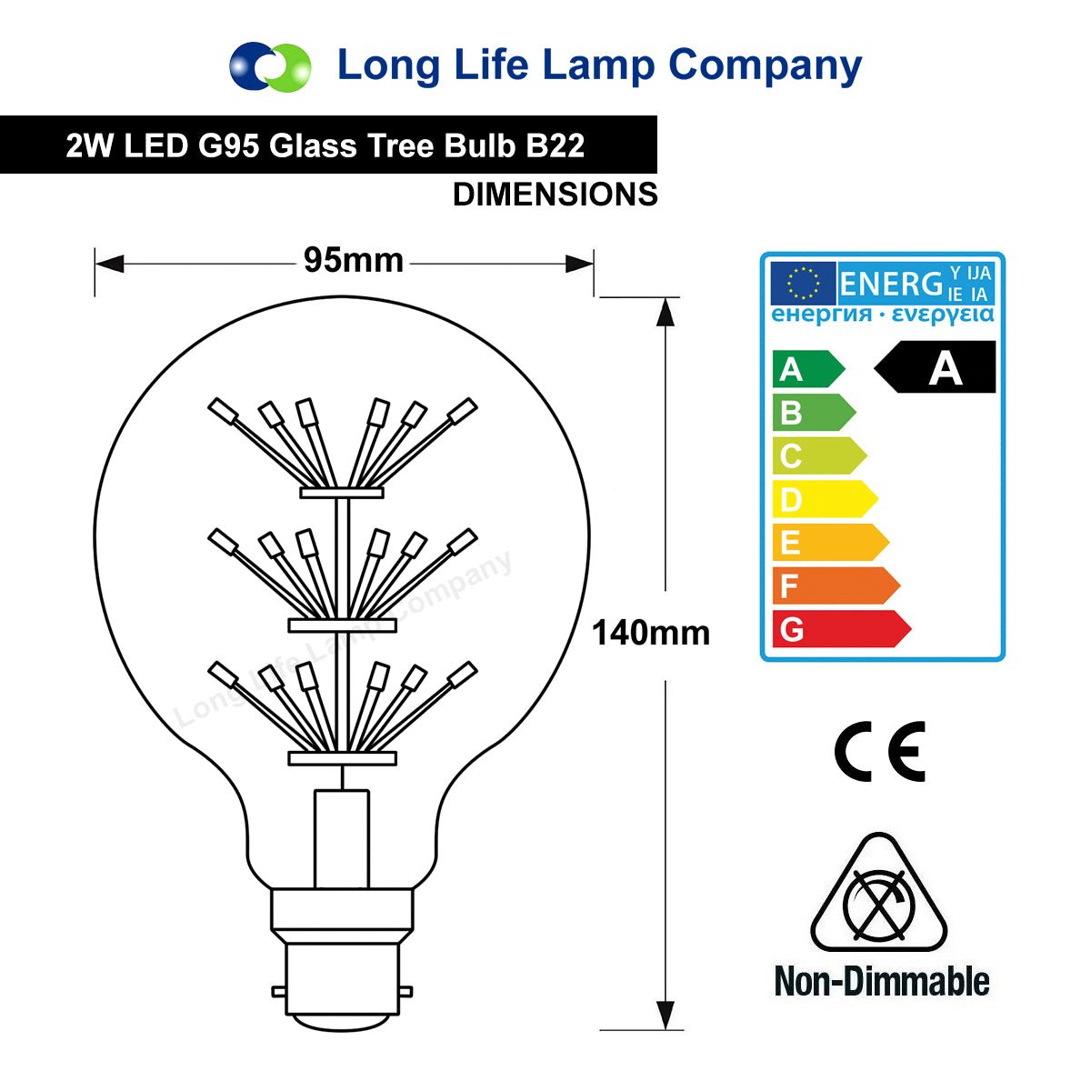 2w Vintage LED Globe Light Bulb B22 Clear Glass Tree Filament G95 - Energy Light Bulbs - Free delivery on all orders