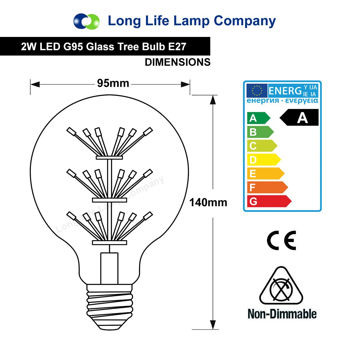 2w Vintage LED Globe Light Bulb E27 Clear Glass Tree Filament G95 - Energy Light Bulbs - Free delivery on all orders
