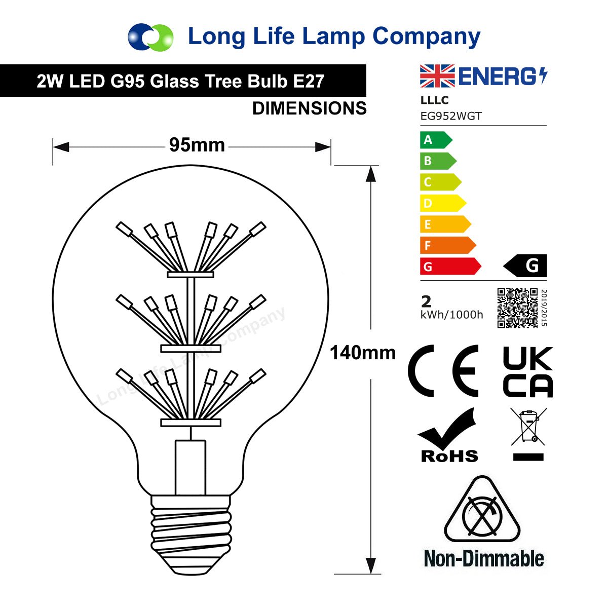 2w Vintage LED Globe Light Bulb E27 Clear Glass Tree Filament G95 - Free delivery on all orders