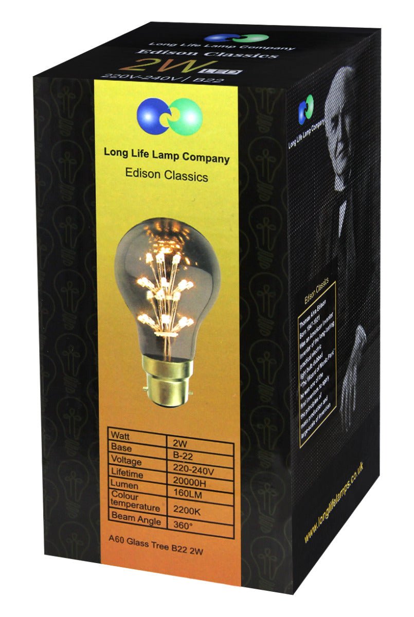 2w Vintage LED Light Bulb B22 Clear Glass Tree Filament A60 - Energy Light Bulbs - Free delivery on all orders