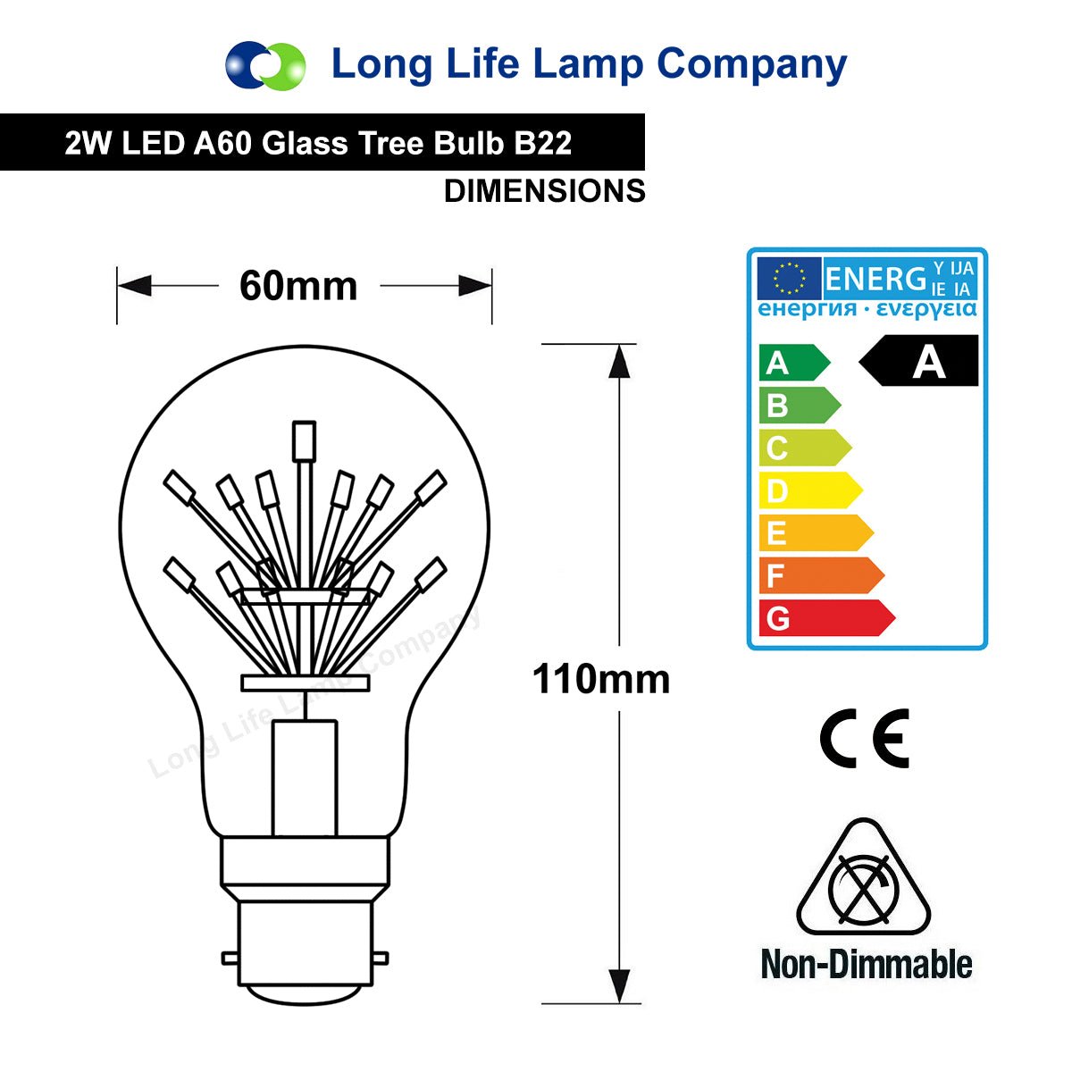 2w Vintage LED Light Bulb B22 Clear Glass Tree Filament A60 - Energy Light Bulbs - Free delivery on all orders