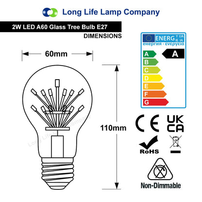 2w Vintage LED Light Bulb E27 Clear Glass Tree Filament A60 - Energy Light Bulbs - Free delivery on all orders