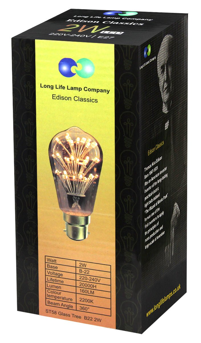 2w Vintage LED Squirrel Cage Light Bulb B22 Clear Glass Tree Filament ST58 - Energy Light Bulbs - Free delivery on all orders