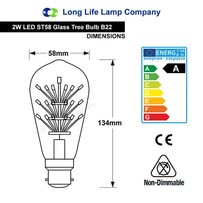2w Vintage LED Squirrel Cage Light Bulb B22 Clear Glass Tree Filament ST58 - Energy Light Bulbs - Free delivery on all orders