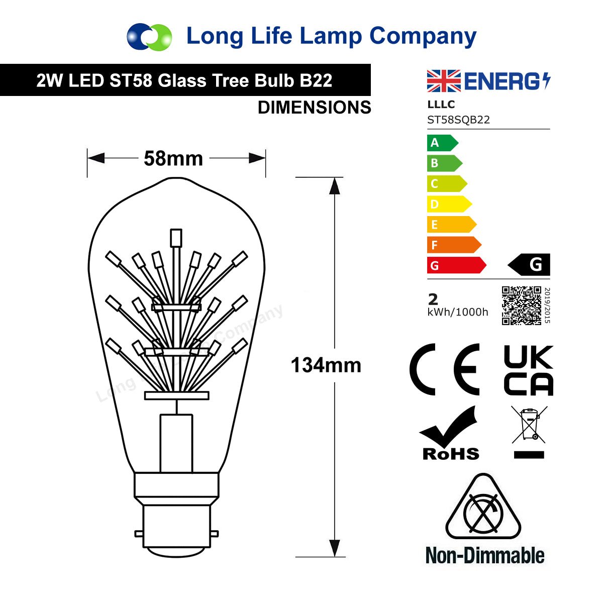 2w Vintage LED Squirrel Cage Light Bulb B22 Clear Glass Tree Filament ST58 - Free delivery on all orders