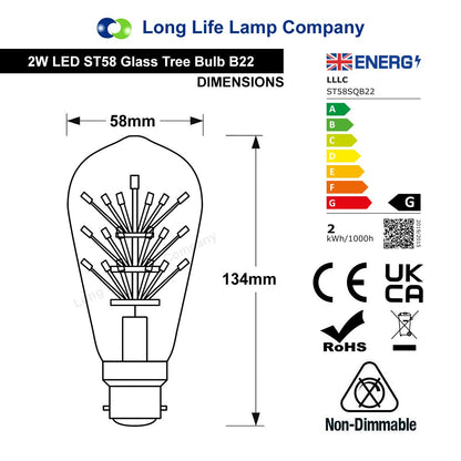 2w Vintage LED Squirrel Cage Light Bulb B22 Clear Glass Tree Filament ST58 - Free delivery on all orders