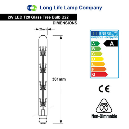 2w Vintage LED Tube Light Bulb B22 Clear Glass Tree Filament T28 - Energy Light Bulbs - Free delivery on all orders