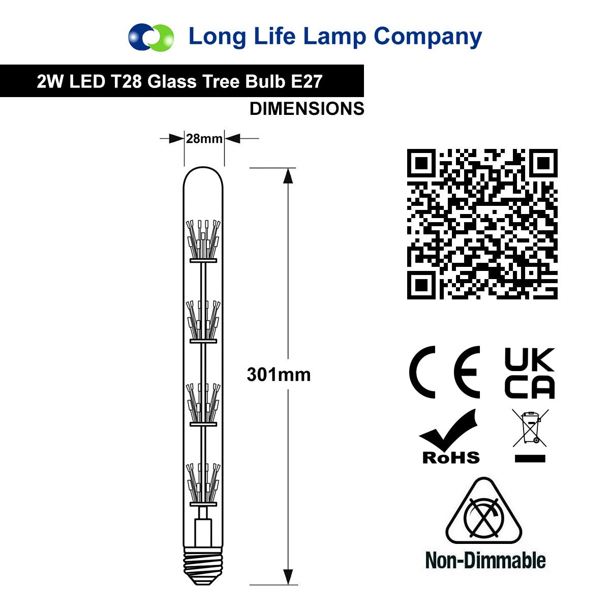 2w Vintage LED Tube Light Bulb E27 Clear Glass Tree Filament T28 - Energy Light Bulbs - Free delivery on all orders