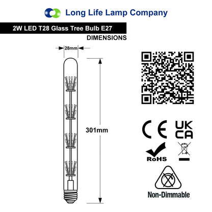 2w Vintage LED Tube Light Bulb E27 Clear Glass Tree Filament T28 - Energy Light Bulbs - Free delivery on all orders