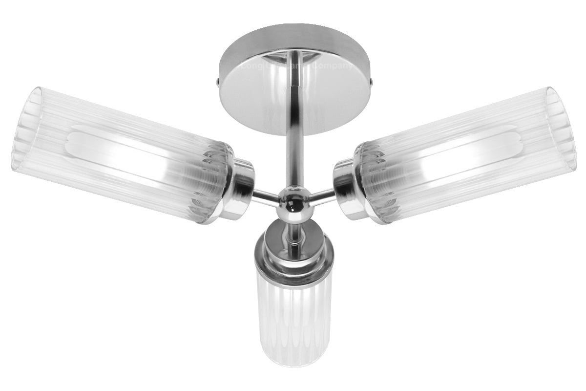 Chrome Clear Ribbed Glass Tubular Ceiling Light 3 Lamp Shades IP44 K401 with LED 5W G9