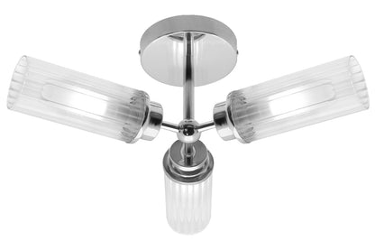 Chrome Clear Ribbed Glass Tubular Ceiling Light 3 Lamp Shades IP44 K401 with LED 5W G9