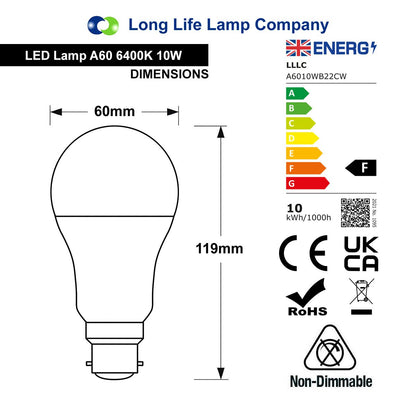 3 Pack 10w GLS LED Light Bulb Cool White B22 Bayonet A60 - Free delivery on all orders
