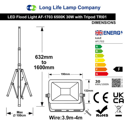 30W LED Floodlight Tripod Stand Job Site Work Light IP65 TRI01-AF1703 - Free delivery on all orders