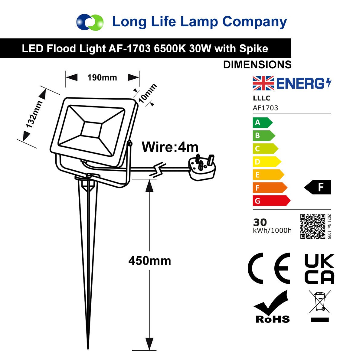 30W LED Ground Mount Flood Light Cool White 4 meter wire UK plug with Spike 450mm Long Stake - Energy Light Bulbs - Free delivery on all orders