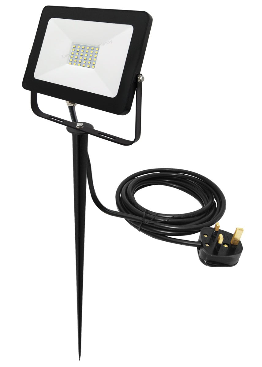 30W LED Ground Mount Flood Light Cool White 4 meter wire UK plug with Spike 450mm Long Stake - Energy Light Bulbs - Free delivery on all orders
