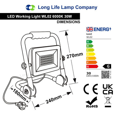 30W LED Portable Flood Work Light 240V IP65 6000K - Energy Light Bulbs - Free delivery on all orders