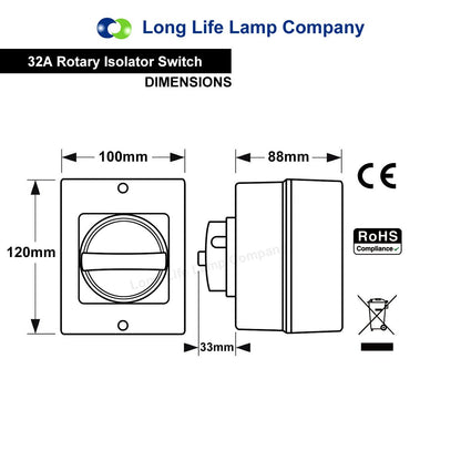 32A Rotary Isolator Switch 4 Pole - Energy Light Bulbs - Free delivery on all orders