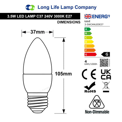 3.5w Frosted Cover LED Candle Warm White 3000K 2Pack or 4Pack or 10Pack - Energy Light Bulbs - Free delivery on all orders