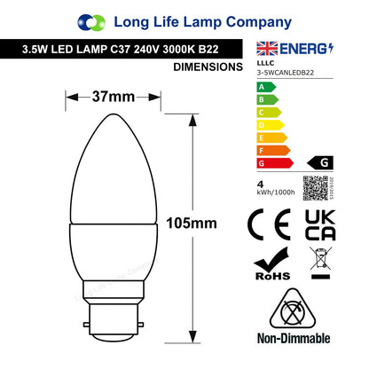 3.5w Frosted Cover LED Candle Warm White 3000K 2Pack or 4Pack or 10Pack - Energy Light Bulbs - Free delivery on all orders