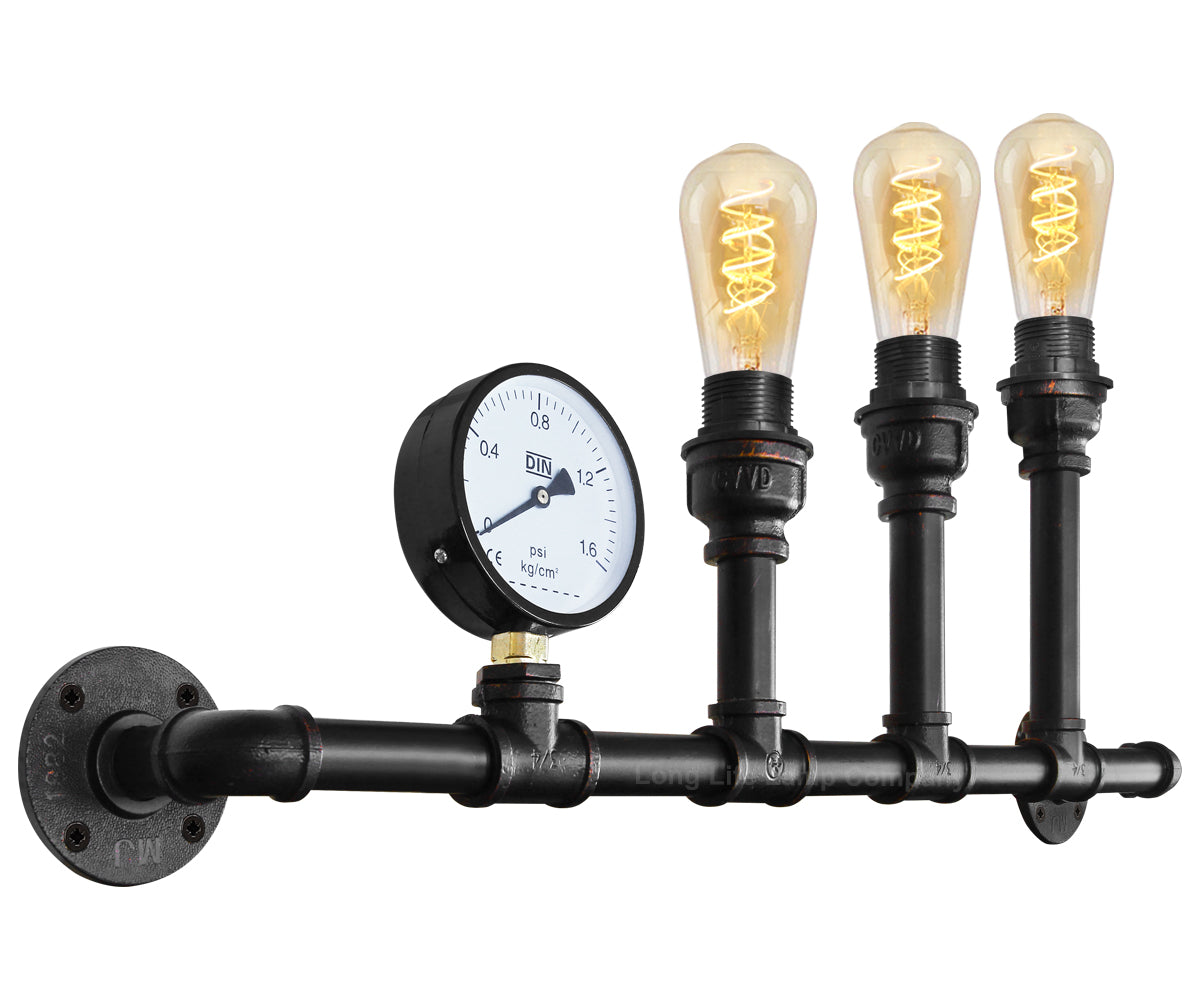 Vintage 3 Light Industrial Water Pipe Wall Lamp with Gauge - Free delivery on all orders