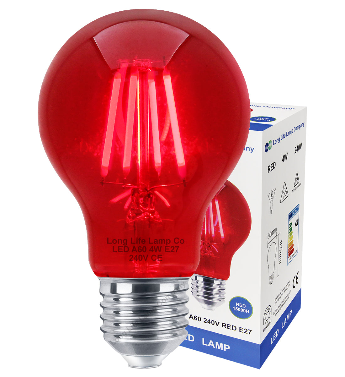 4W LED RED Light Bulb E27 Screw Cap Glass A60 - Free delivery on all orders