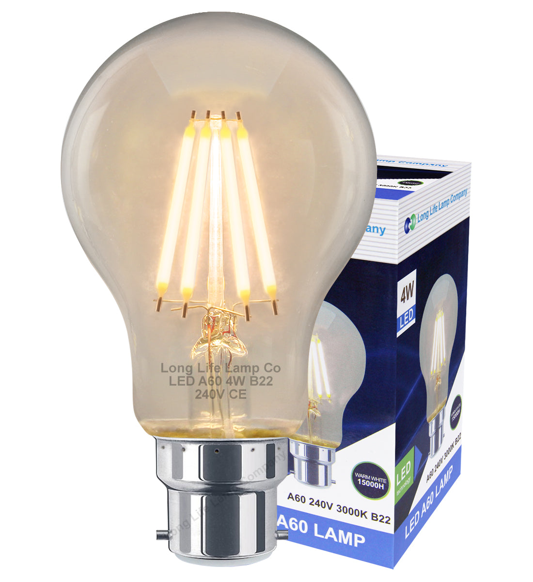 A60 4W LED Filament Light Bulb Warm White B22 Edison Screw Clear Glass - Free delivery on all orders