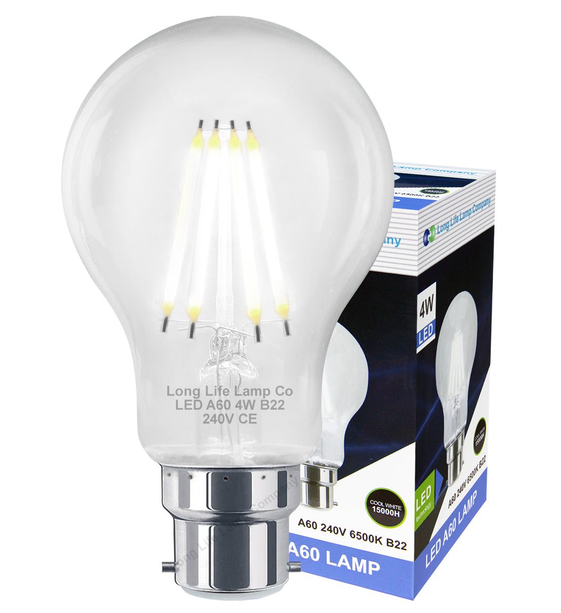 4W LED Filament Bulb B22 A60 Cool White 6500K Clear Glass - Free delivery on all orders