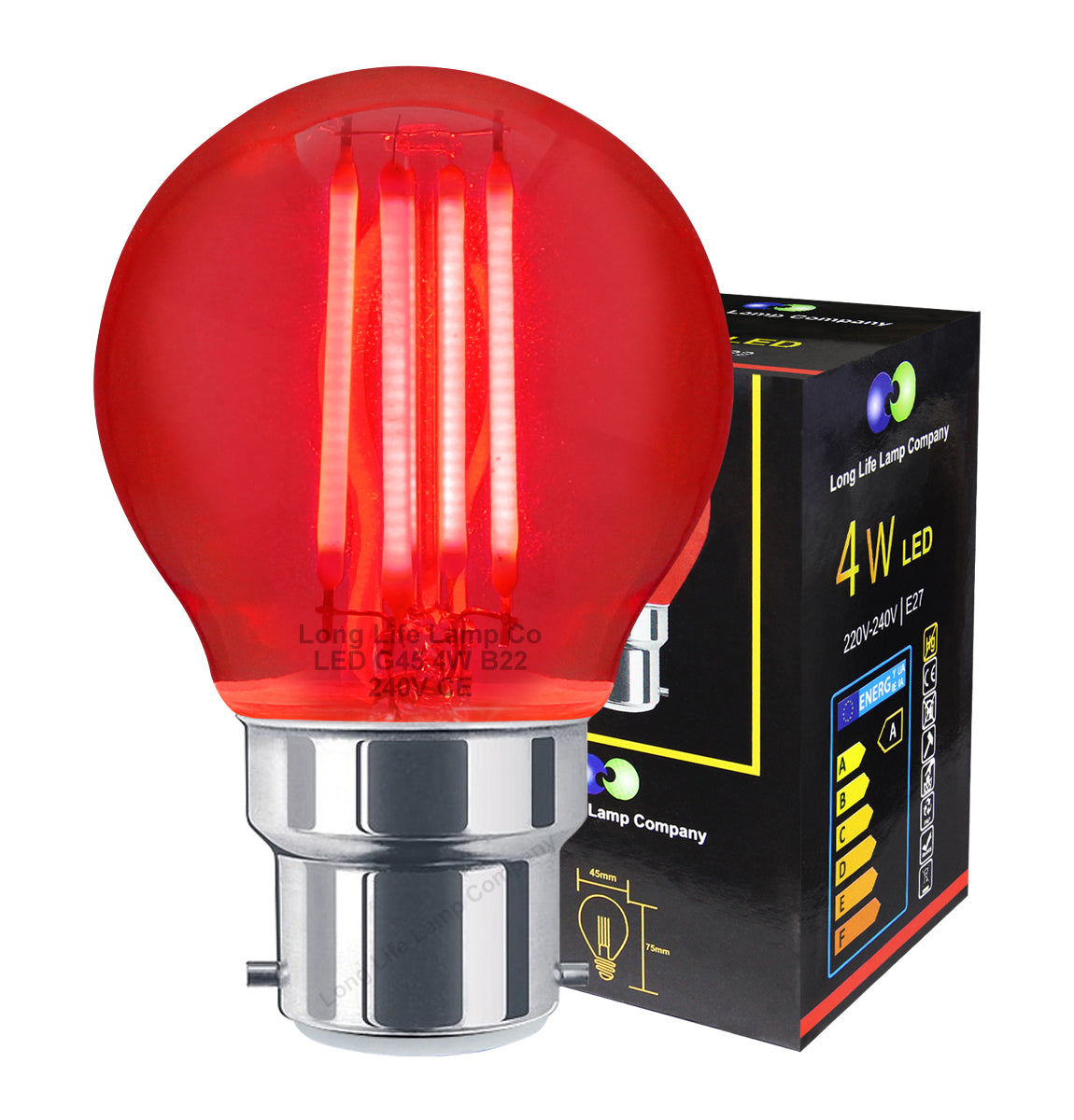 2 Pack 4W LED Red Golf Ball Bulb B22 Fire Glow Clear Glass