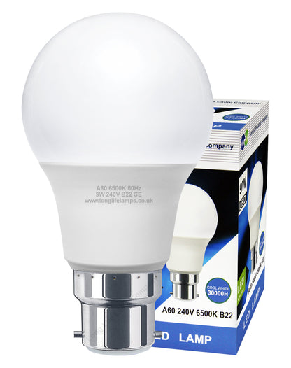 9W LED A60 Light Bulb Bayonet B22 Cool White 6500K - Free delivery on all orders