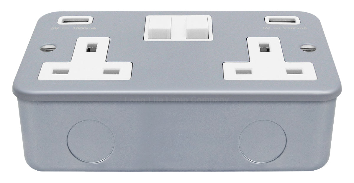 13A Metal Clad 2 Gang Socket with Dual USB Charger
