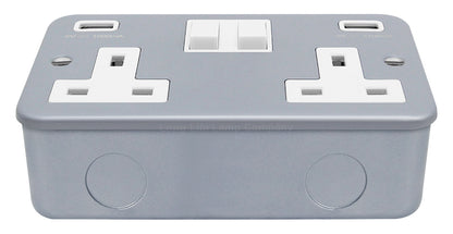 13A Metal Clad 2 Gang Socket with Dual USB Charger
