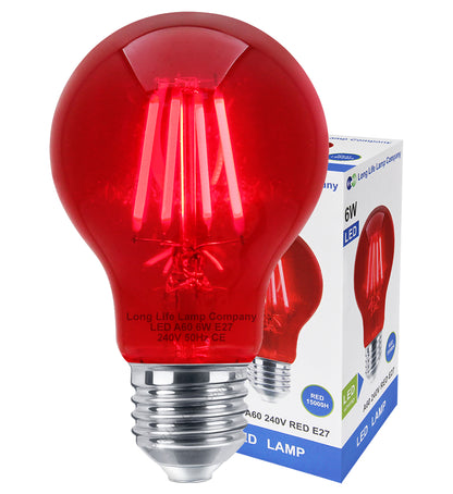 6W LED RED Light Bulb E27 Screw Cap Glass A60