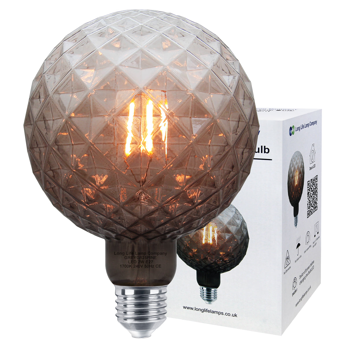 LED Glass Globe Light Bulb E27 Edison Screw Filament Classic Grey Smoked G125 Pinecone