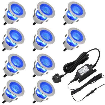 IP68 Outdoor LED Decking Lights 30mm Round Blue 10 Kit DEC10BL
